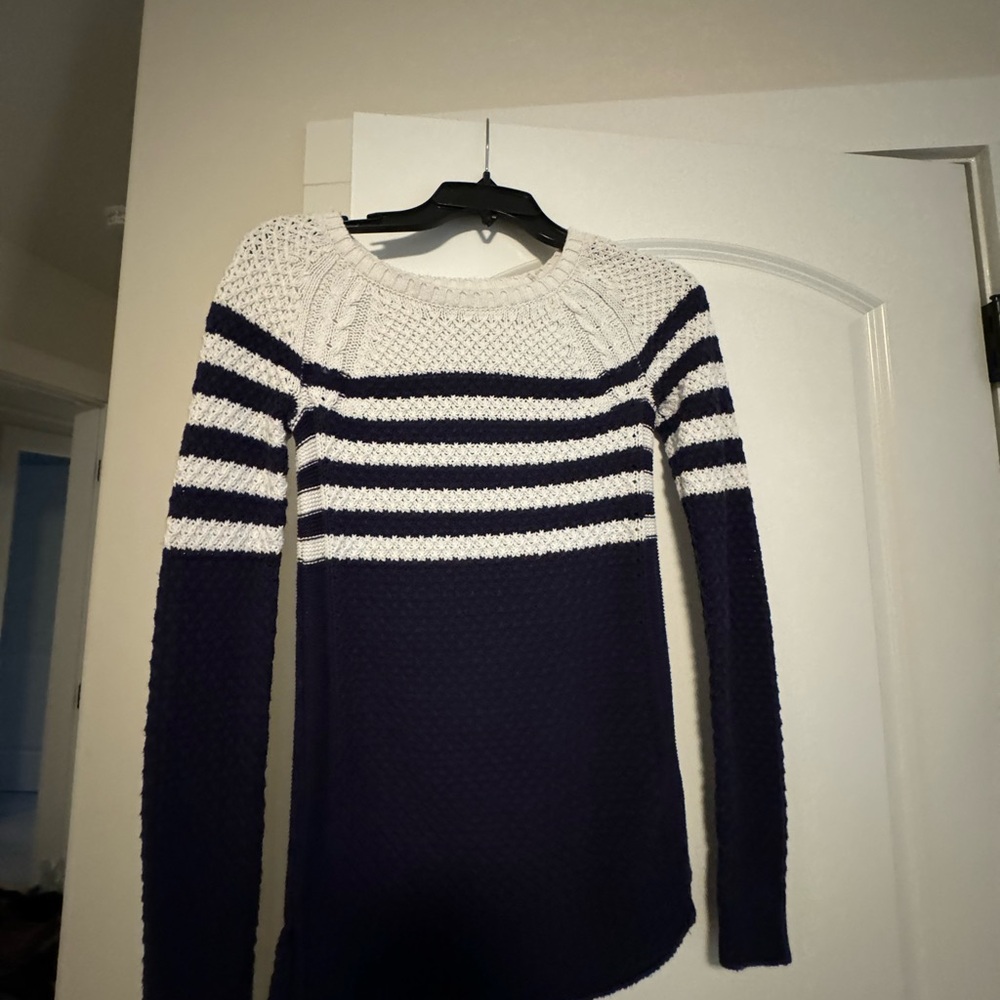 Maison Jules Navy and White Striped Knit Crewneck Sweater